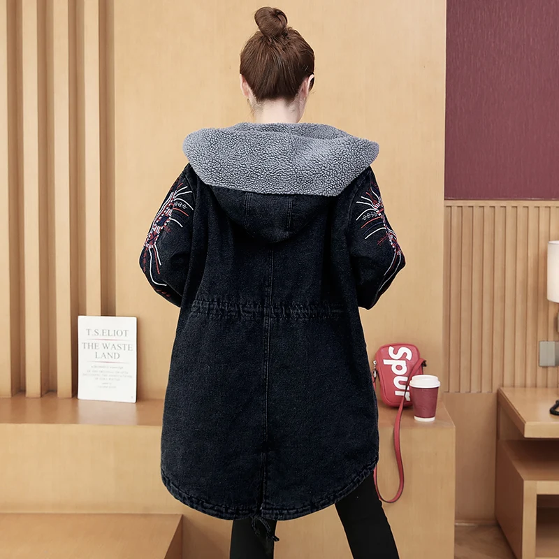 Women's 2021 Winter New Casual Embroidered Lambswool Cotton Coats with Pocket Fashion Hooded Plus Velvet Thick Denim Coat Jacket