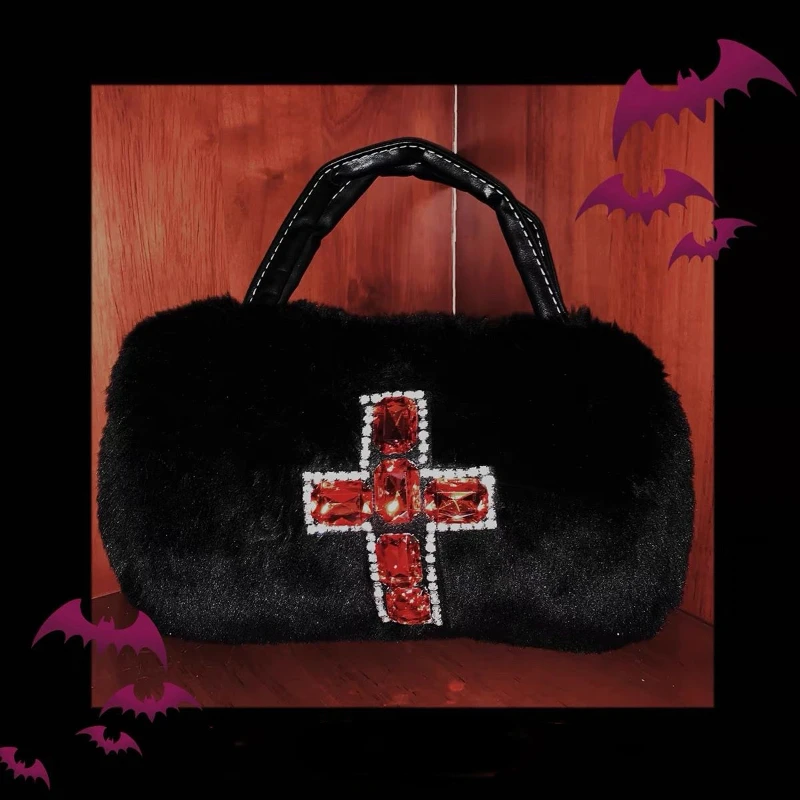

MBTI Y2k Shoulder Bag for Women Punk Cross Plush Handbags Hot Girl Black Soft Diamonds Fashion Fluffy Circular Crossbody Bag Sac
