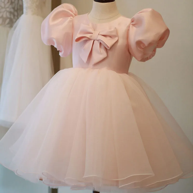 

Evening Dress Pink Short Sleeves Bow Appliques O-Neck Elegant Knee-Length Ball Gown Tulle New Party Formal Dresses Woman B1684