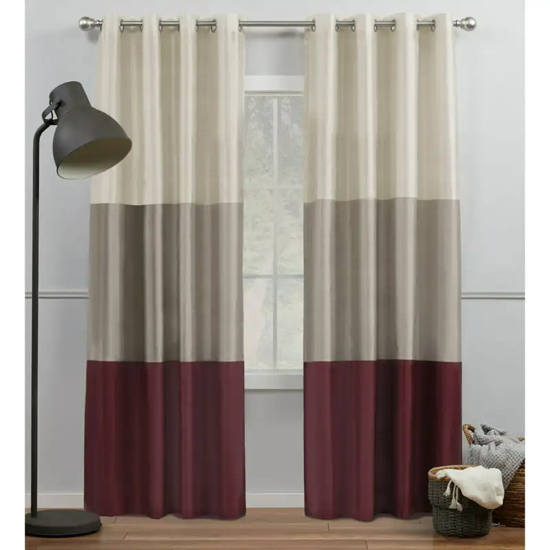 

Chateau Striped Faux Silk Grommet Top Curtain Panel Pair, 54x96, Burgundy/Taupe