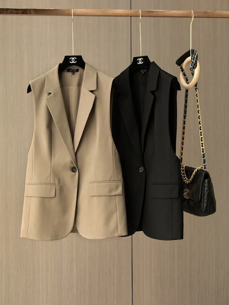 

Модный офисный Блейзер, жилет, Женский Летний жакет на одной пуговице с отложным воротником, женская черная куртка без рукавов, новинка