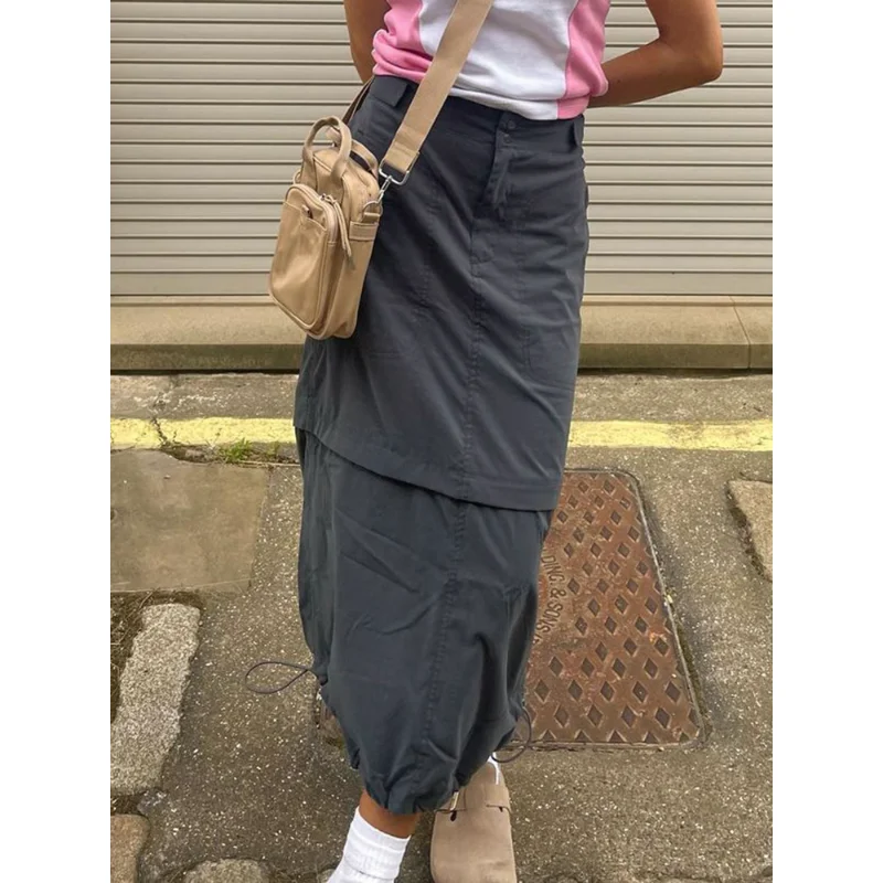 

Популярная серая Повседневная мешковатая техническая одежда, женская уличная одежда с большими карманами и завязками на подоле, длинная юбка в стиле хиппи с низкой талией Y2K