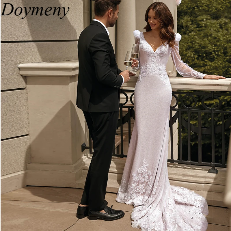 

Doymeny Wedding Dress For Women V-Neck Sweep Train Backless Tulle Lace Appliques Exquisite A-Line Floral Print Robe De Mariée