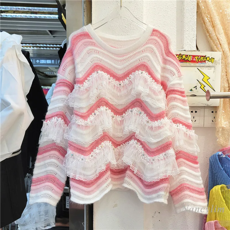 

Sweet Knitted Sweater Women 2022 Early Autumn New Round Neck Pullover Loose Lace Ruffled Stitching Striped Pull Femme