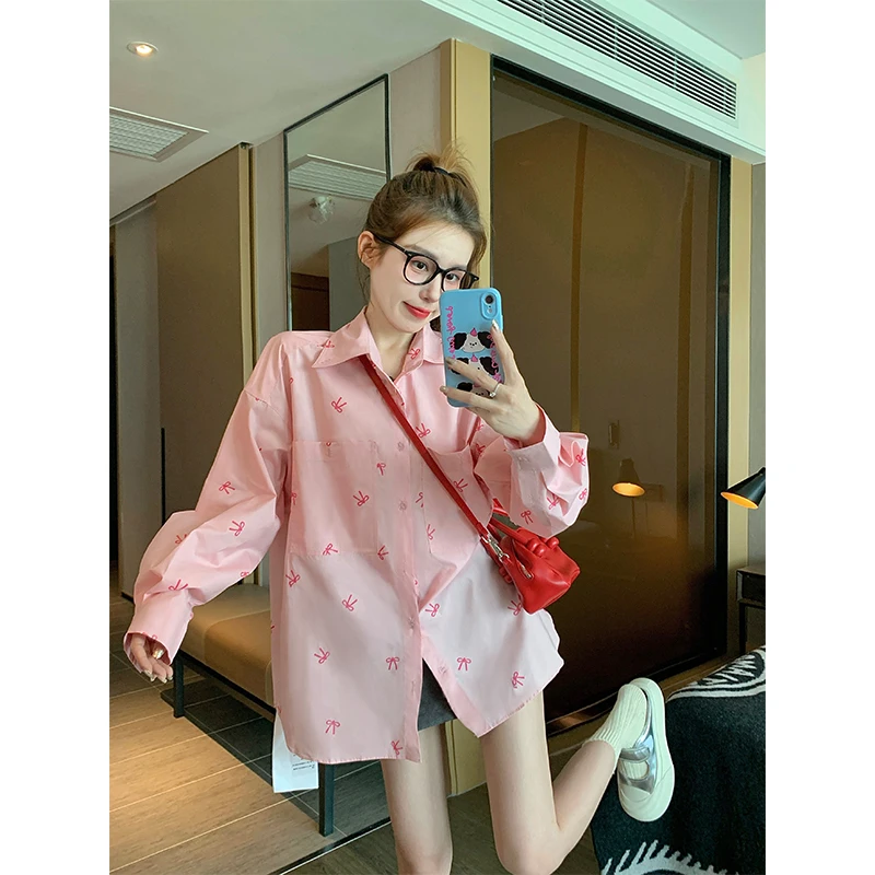 Розовые женские рубашки с бантом новинка 2024 ранняя осень дизайн корейская серия