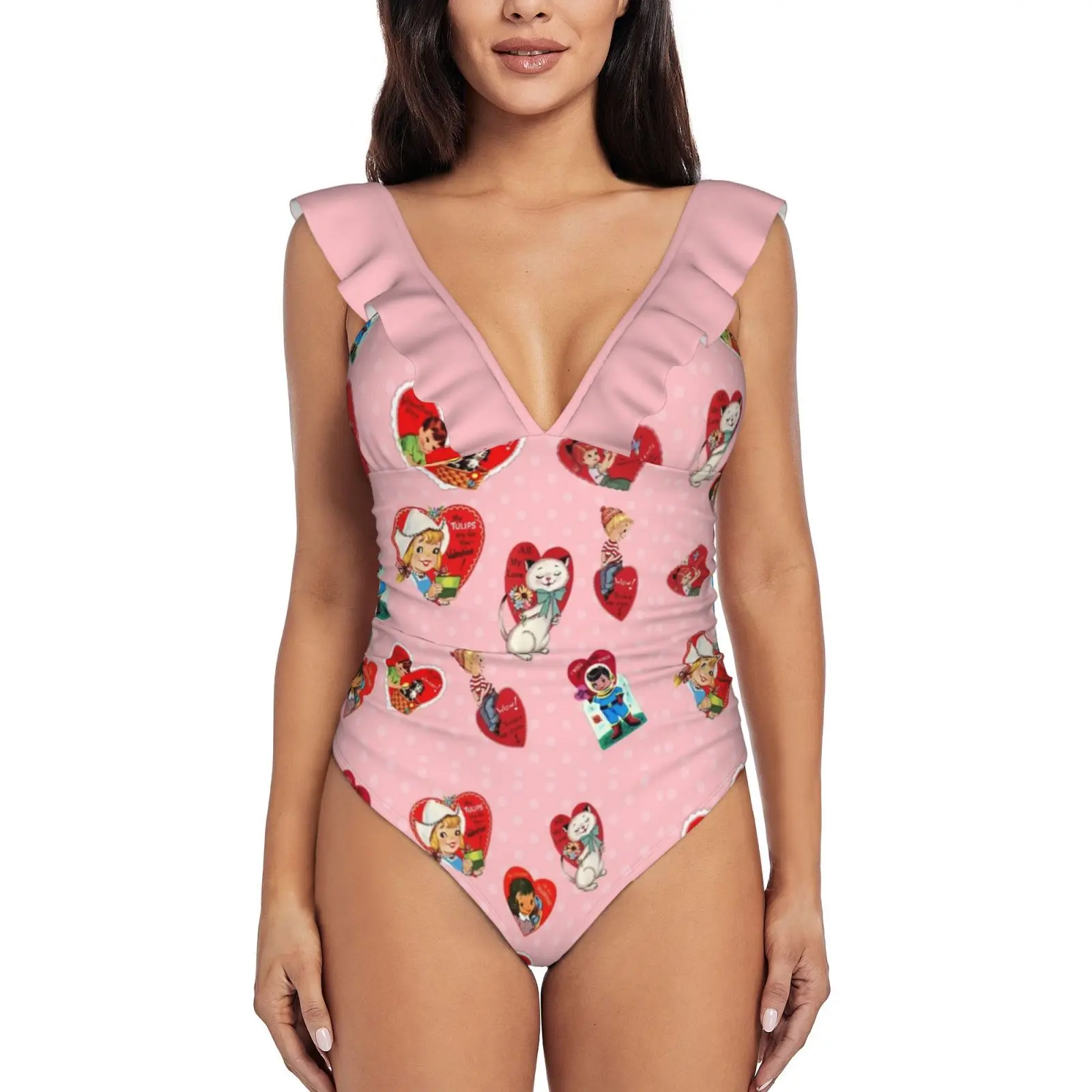 

Vintage Valentine Pattern Sexy Ruffle Print Swimwear Women One Piece Swimsuit Female Monokini Bathing Suit Vintage Valentine