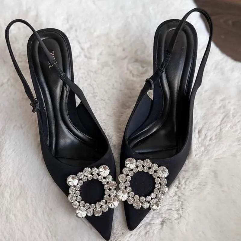 Summer Womens High Heel Shoes Crystal Slingback Pumps Black Pointed Toe Rhinestones Sandals Party Wedding Bride Heels Shoes