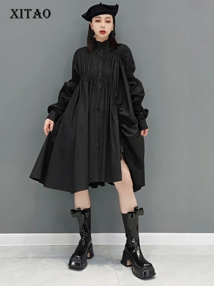 

XITAO Split Dress Fashion Black Small Fresh Casual Style Pullover 2022 Spring Pleated Goddess Fan Casual Style Loose WMD4772
