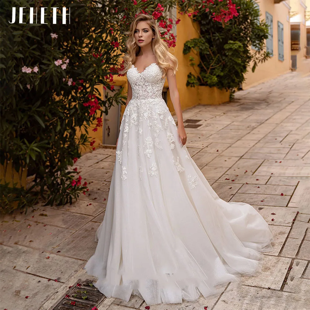 

JEHETH Charming Strapless Sweetheart Tulle Wedding Dress Backless Lace Appliques A-Line Bridal Gown With Bow Vestidos De Novia