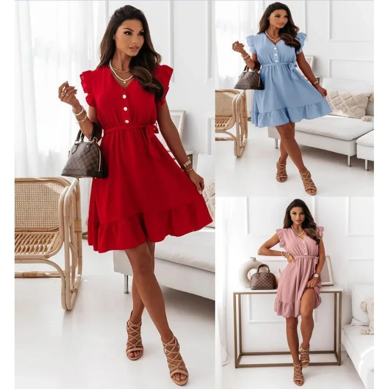 

Foreign Trade 2022 The New Fashion Women'S Summer Binding Waist V-Neck Lotus Leaf Sleeve Loose Swing Dress Children