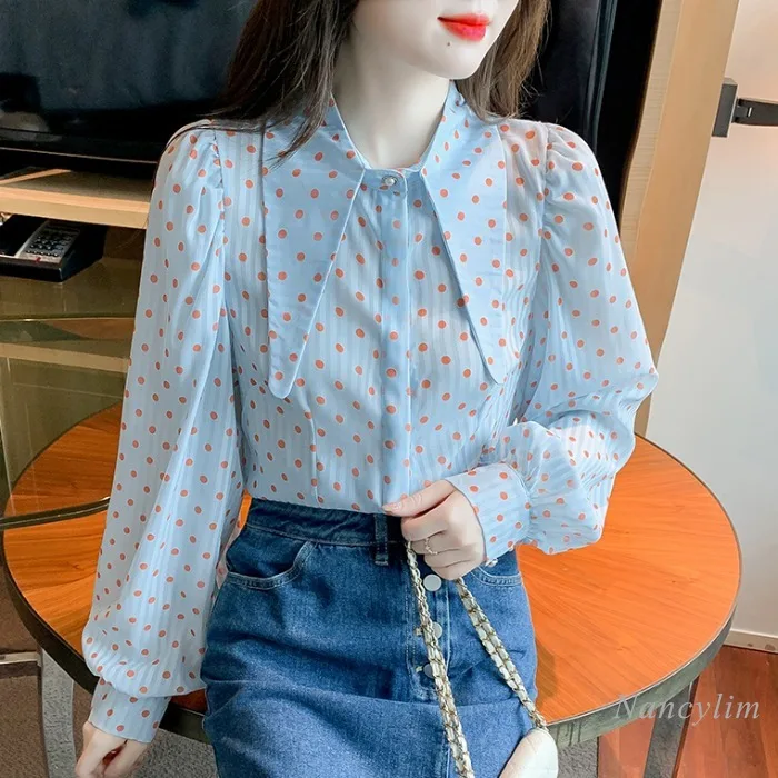 

Шифоновая рубашка в горошек с длинным рукавом-фонариком, женская тонкая Осенняя Свободная блузка нового дизайна 2022 года, Женский Топ