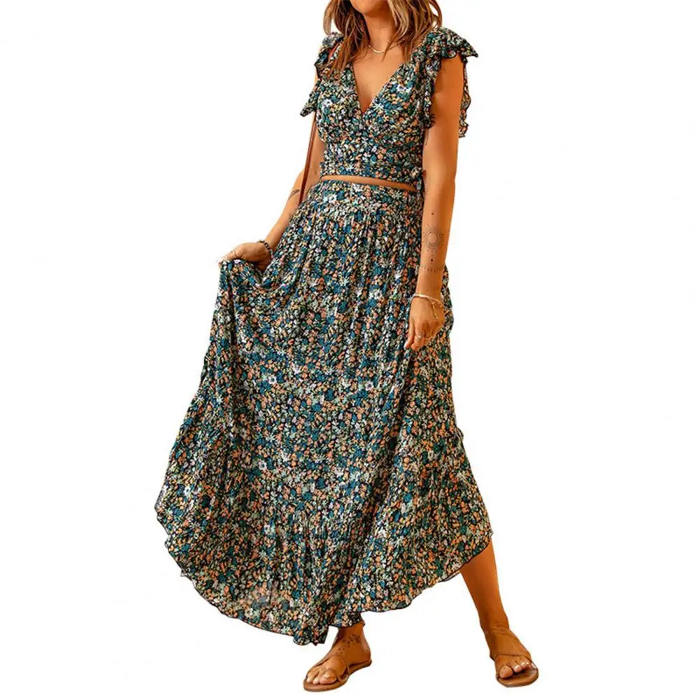 

Summer High Waist Long Skirt Set women Outfit V-neck Slim Fit Casual Outfit Floral Print Vest High Waist Long Skirt Set