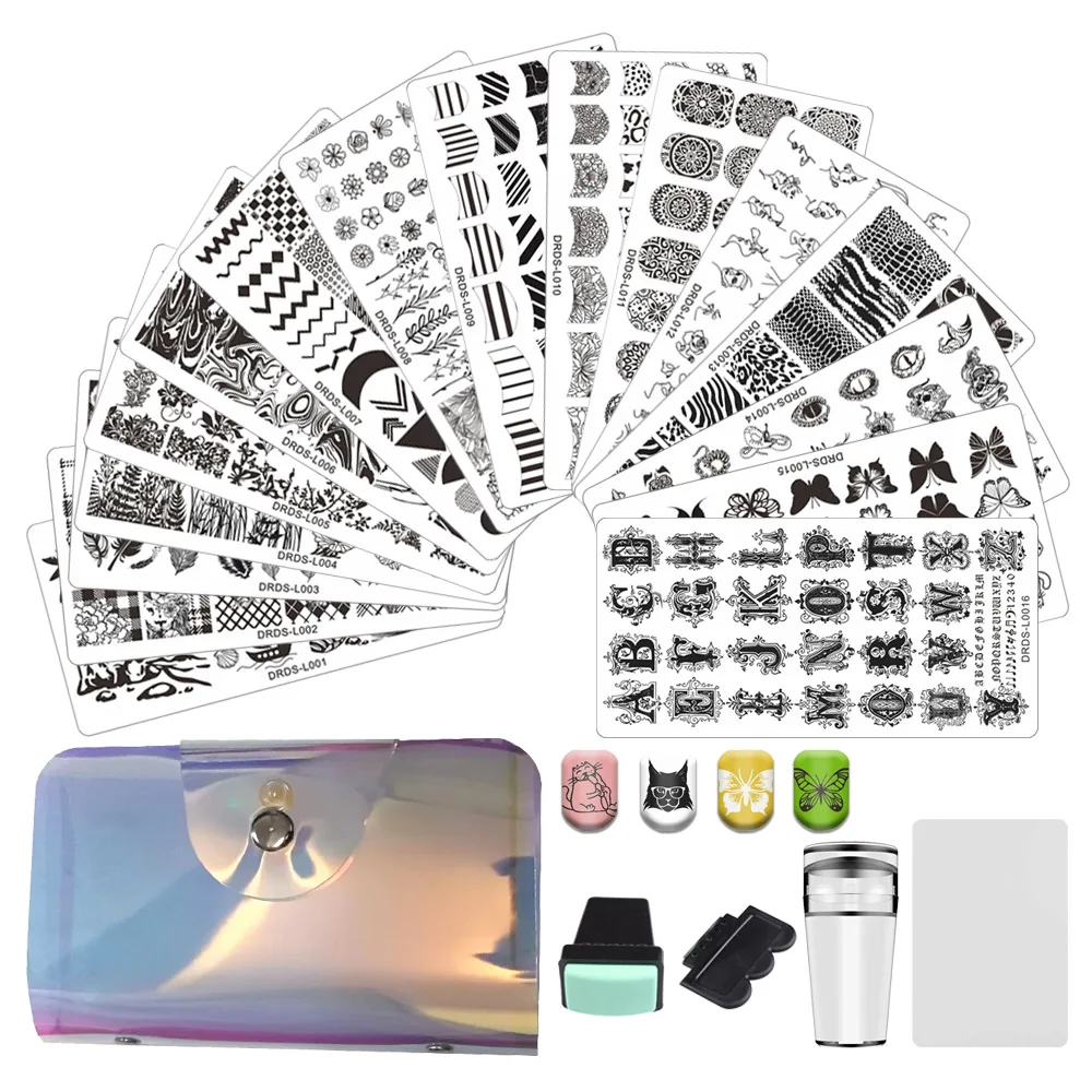 Набор из 21 предмета, цветочный лист, змея, Бабочка, кружевной штамп для ногтей, трафарет, сумка для хранения, наборы стемперов для ногтей