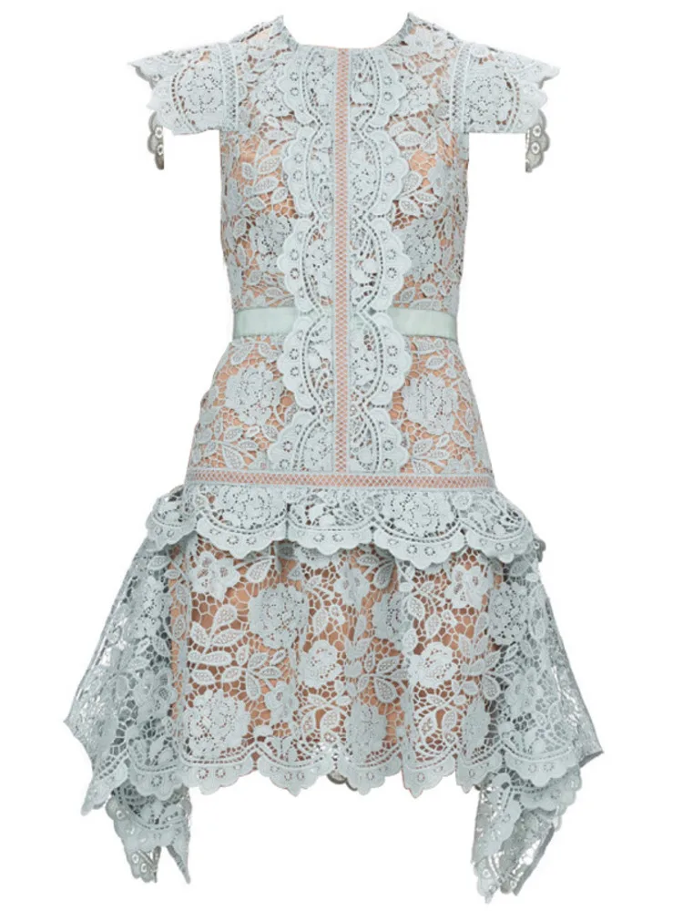

2022 New Arrive High Quality Blue Lace Dress Hollow Out Patchwork Female Short Dress