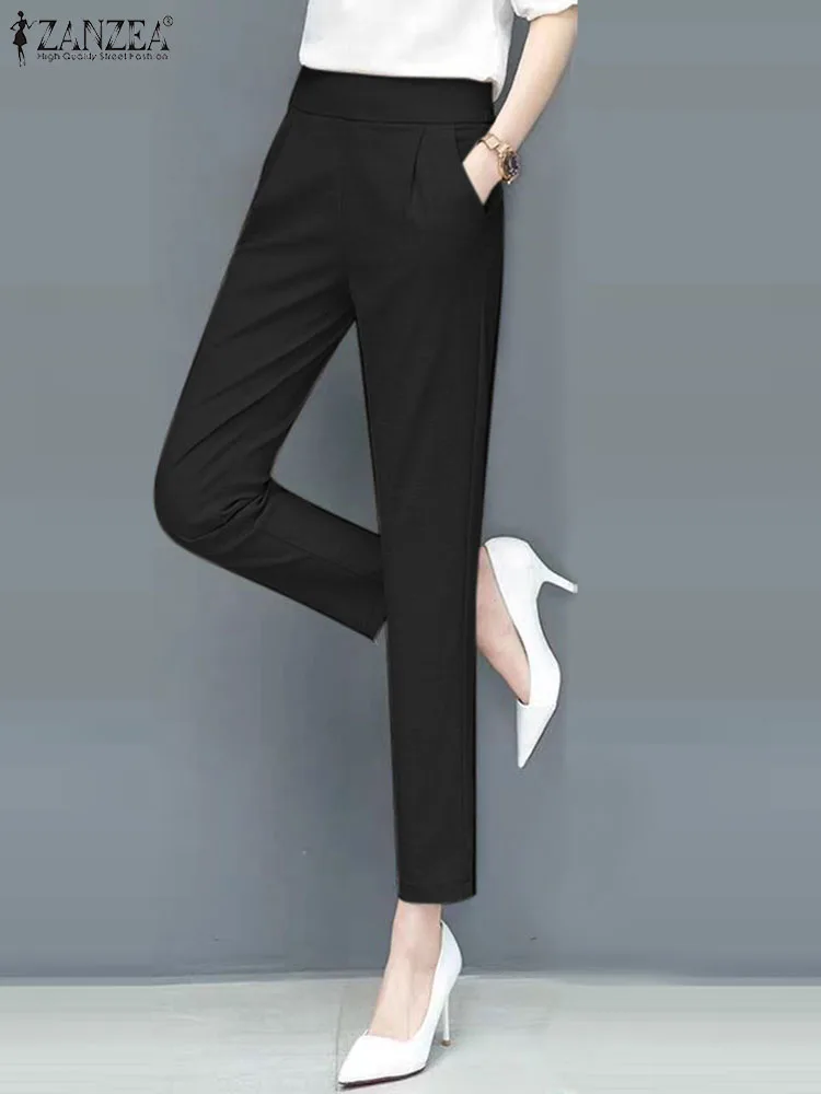 

ZANZEA Female Casual Vintage Palazzo Women Long Pant Spring Elastic waist Solid Color Trousers Fahsion Office OL Pantalon 2023