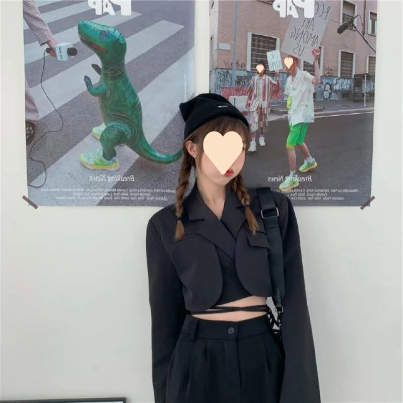 Gray Double Layer Bandage Slim Blazer Korean Fashion Women Long Sleeve Pocket Short Jacket Female Outwear 2022 Blazers Crop Tops