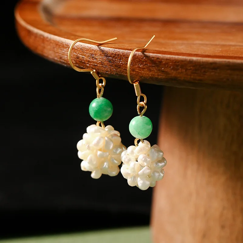 

Vintage Earrings Ethnic Handmade Original Design Copper Gold-plated Earrings Elegant Pearl Flower Ball Antique Earrings