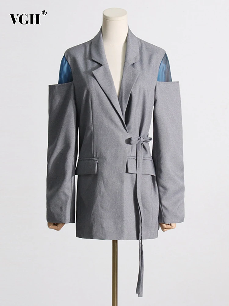 Женский блейзер со шнуровкой VGH повседневный Блейзер лоскутного покроя с