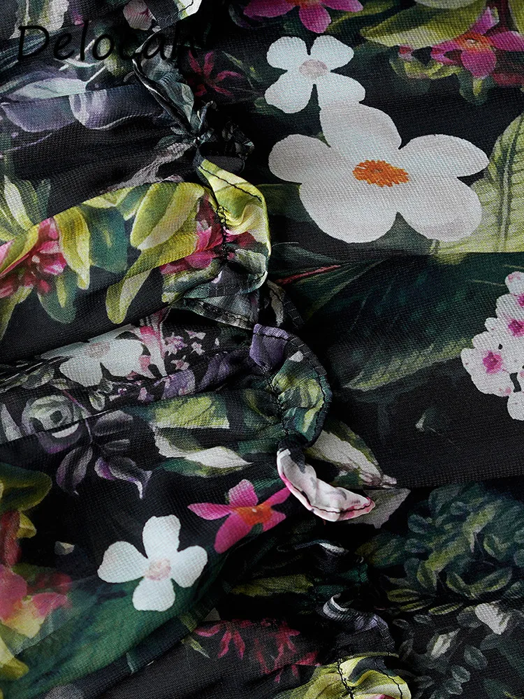 Делока французское винтажное платье с принтом юбка длинными рукавами и рюшами