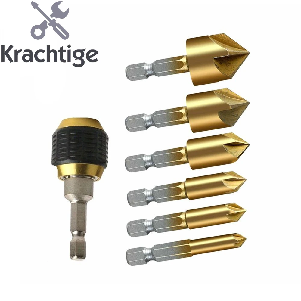 

Krachtige 6Pcs Hss Countersink Boring Drill Bit Set 6 8 9 12 16 19 mm for Wood Metal Quick Change Tool + 1/4" Hex Drill Chuck