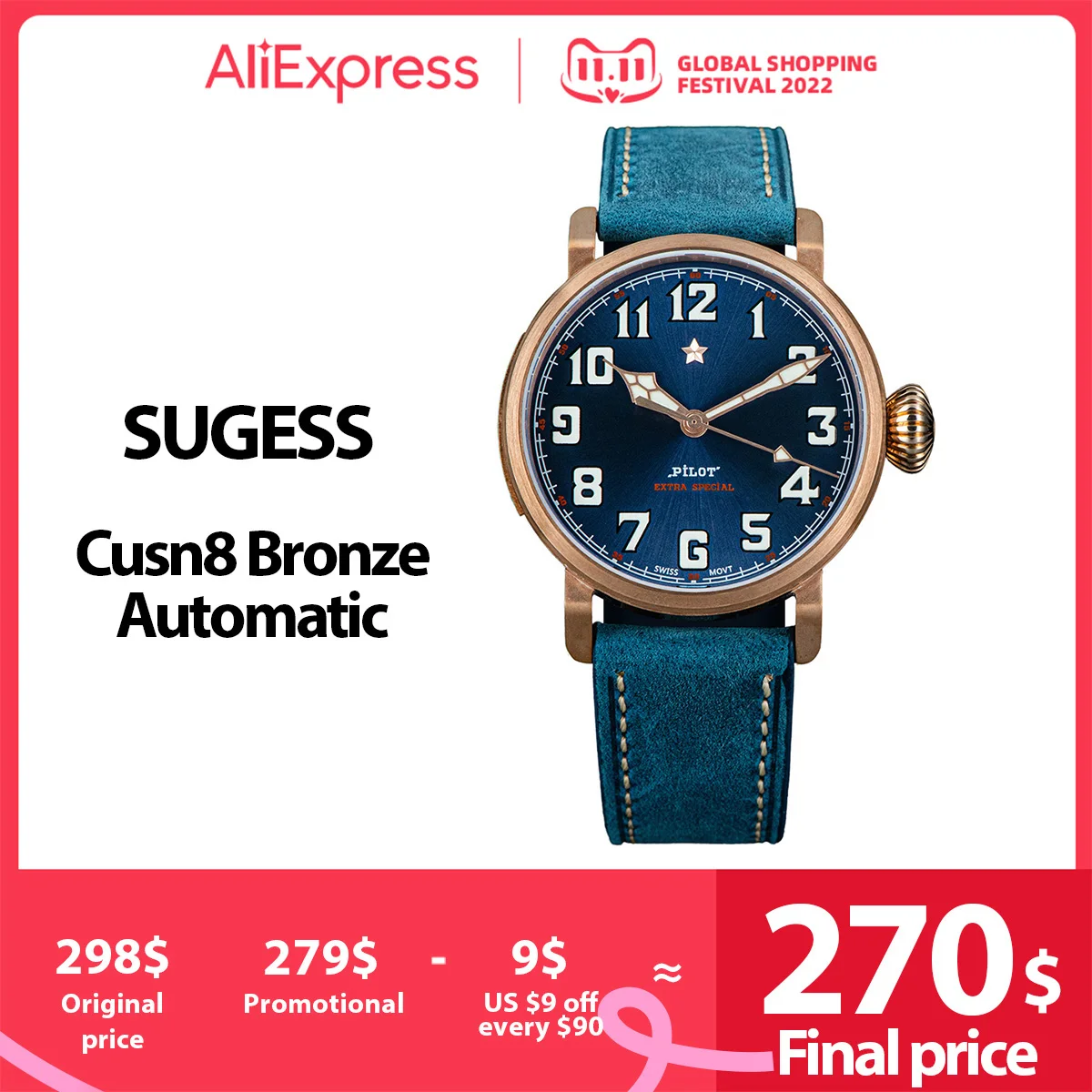 Pаспродажа Часы-автомат Sugess Pilot ST2130 мужские, бронзовые светящиеся наручные часы-скелетоны с сапфировым стеклом, T BGW9, CuSn8 чехол