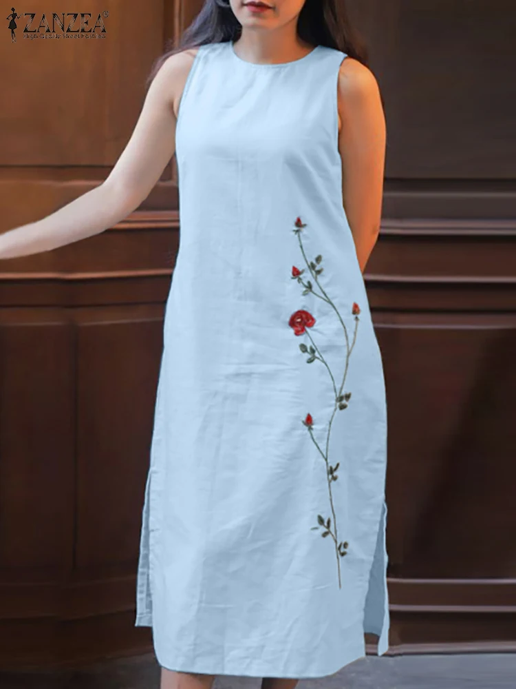 

Платье ZANZEA женское с цветочной вышивкой, Модный повседневный элегантный сарафан без рукавов, с круглым вырезом, на лето