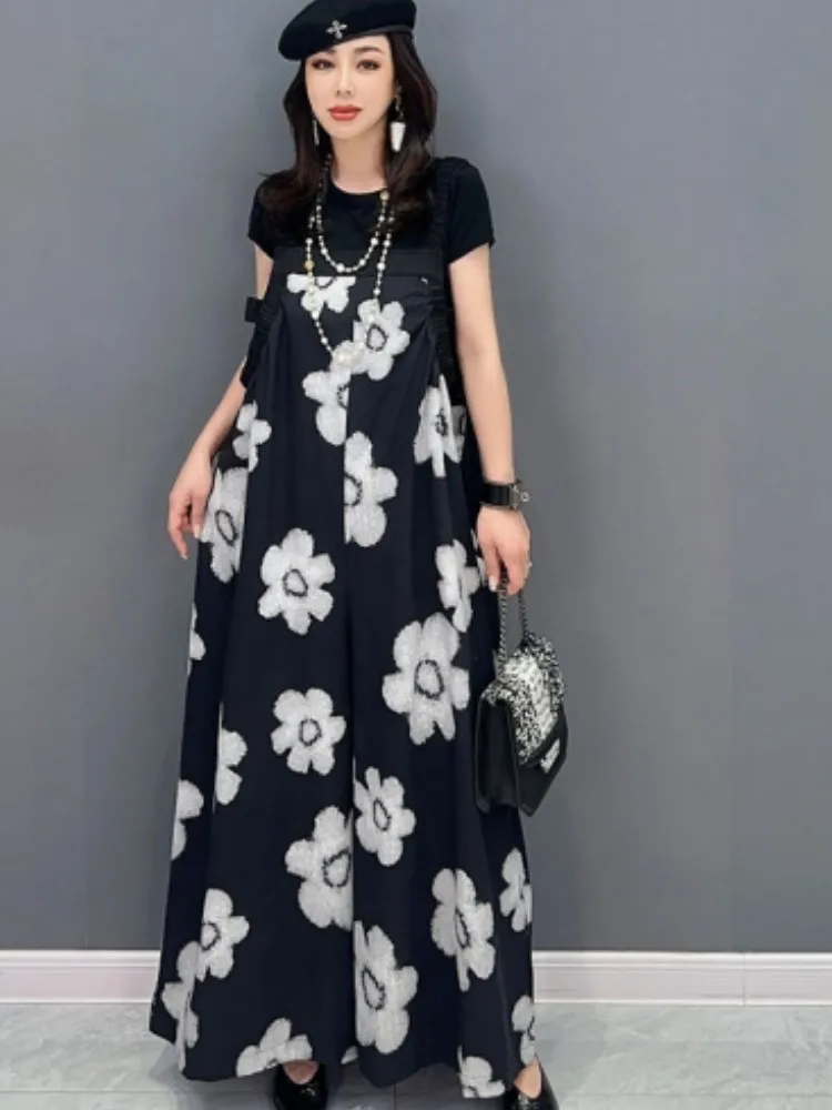 

URIOR 2023 Summer New Women Flower Strap Wide Leg Pants Fashion Personalized Overalls Black White Trendy Girl Pants