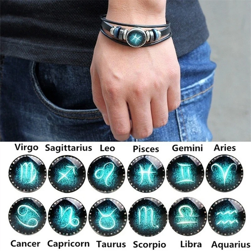 

12 Constellation Zodiac Sign Black Braided Leather Bracelet Cancer Leo Virgo Libra Woven Glass Dome Jewelry Punk Men Bracelet