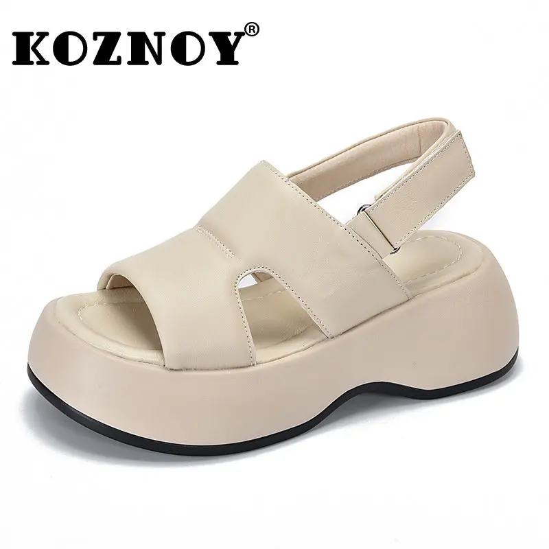 

Koznoy 6cm 2023 Peep Toe Women Moccasins British Sandals Cow Genuine Leather Summer Platform Wedge Ladies Hook ROME Hollow Shoes