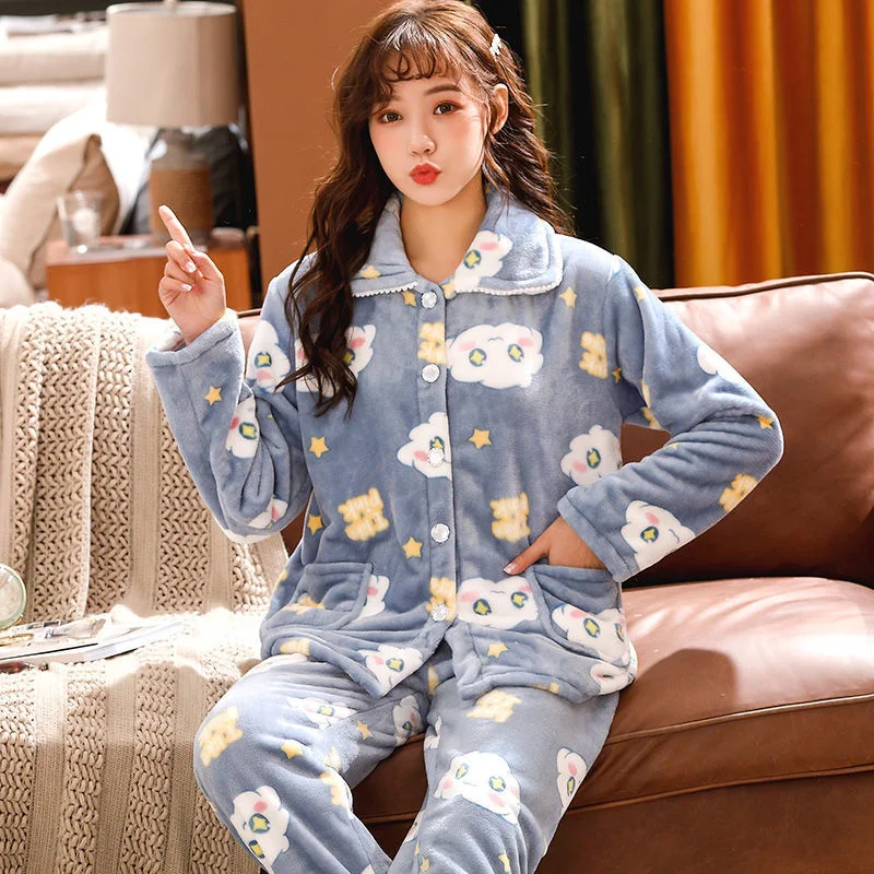 Cute Pajamas Set Casual Sleepwear For Women Warm Full Cartoon Pattern Pyjama Women's Flannel Winter Fashion Soft Homewear