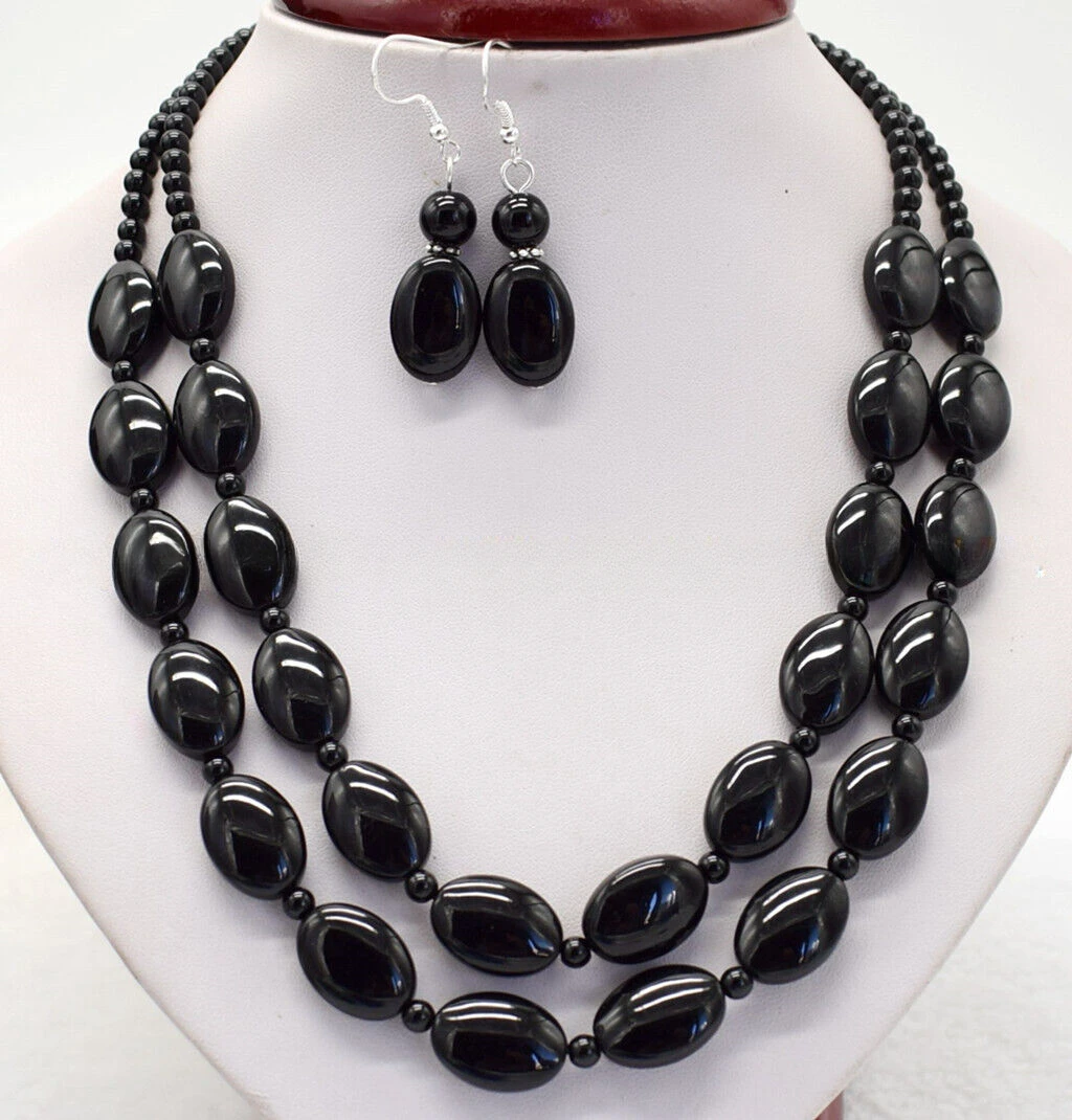 2 ряда 6 мм круглые и 13x18 овальные черные бриллиантовые ожерелье серьги набор