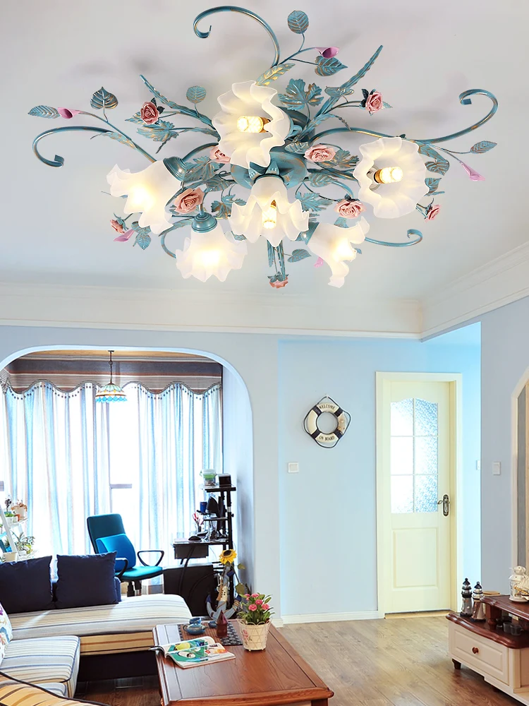 

Пасторальный потолочный светильник для гостиной, американский Синий Железный Ретро светильник для спальни, светодиодный светильник для комнаты девочек с теплыми цветами и растениями