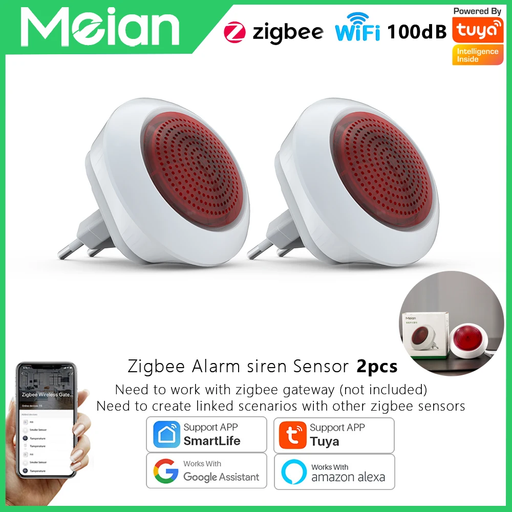 MEIAN ZigBee Siren Alarm Alarme Built-in 100dB Home Theater Sound System Remote Control Via SmartLife APP Gateway (2pcs)