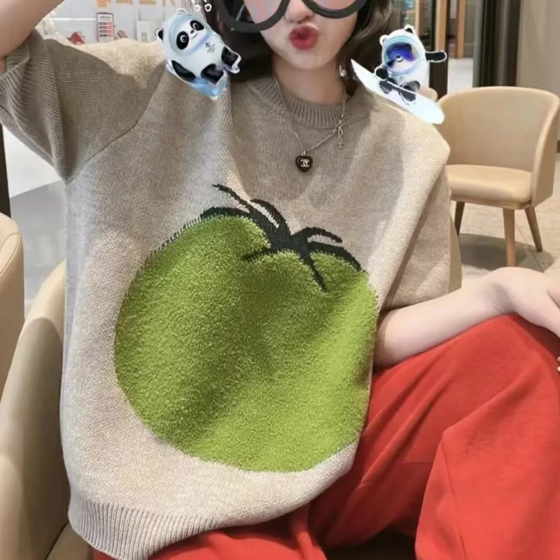 

Женский свитер с коротким рукавом, повседневный вязаный пуловер с круглым вырезом, универсальный свитер в Корейском стиле, весна-лето 2023