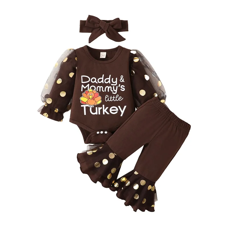 

0-18M Baby Girls Thanksgiving Pants Set Long Sleeve Letters Print Romper + Dots Print Flare Pants + Bowknot Headband