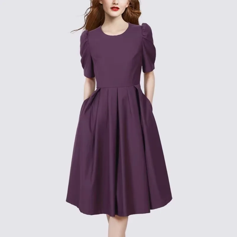 

Elegant Summer Dress Women Fashion O-Neck Short Puff Sleeve A-LINE Slim Purple Office Ladies Work Midi Long Dress Female New