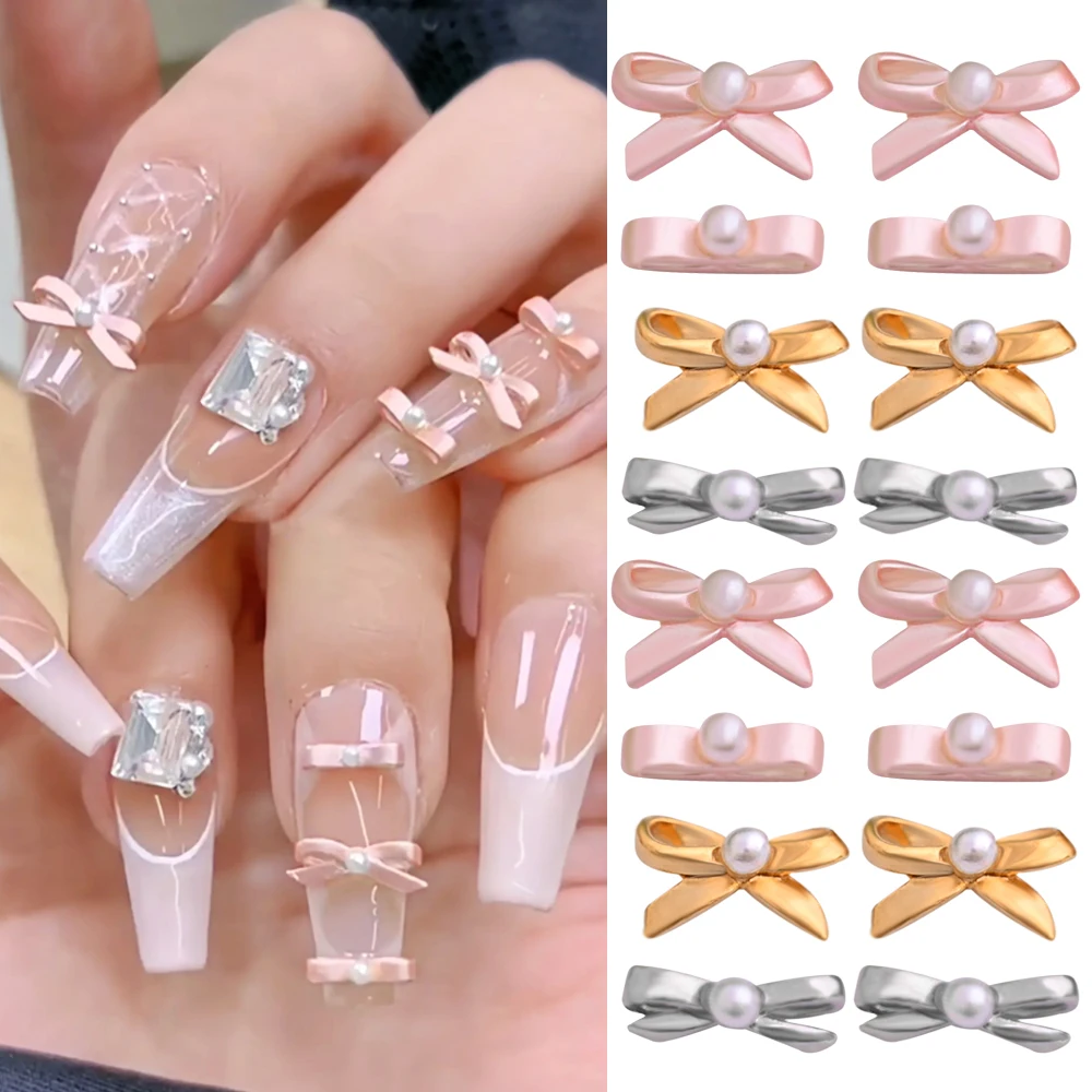 

10pcs Cute Ballet Shoes Mini Pearl Bow Nail Accessories 3D Ribbon Bow-Knot Nail Decor French Girl Ballerina Metal Manicure Parts