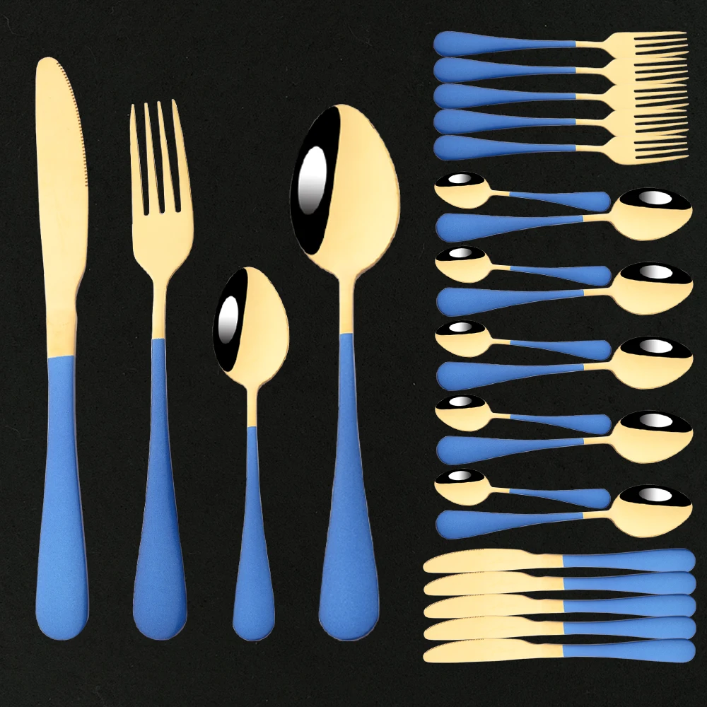 

24Pcs/Set Blue Gold Cutlery Set Stainless Steel Dinnerware Silverware Flatware Set Dinner Knife Fork Tea Spoon Dropshipping
