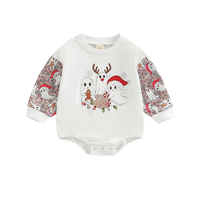 

Baby Girls Boys Autumn Casual Romper Long Sleeve O Neck Ghost Christmas Hat Print Romper