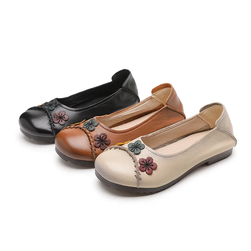 Genuine Leather Mom Shoes 2023 Retro Patched Leather Flats with Three floral Decos Casual Women's Round Toe Handmade Loafers