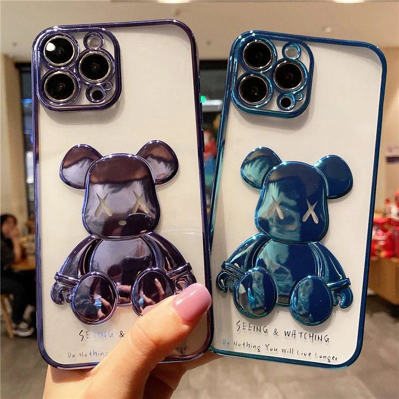 

Cute Bear Plating Phone Cases For iPhone 13 12 11 Pro Max XR XS MAX X 7/8Plus 2022 Transparent Silicone Lens Protection Cover