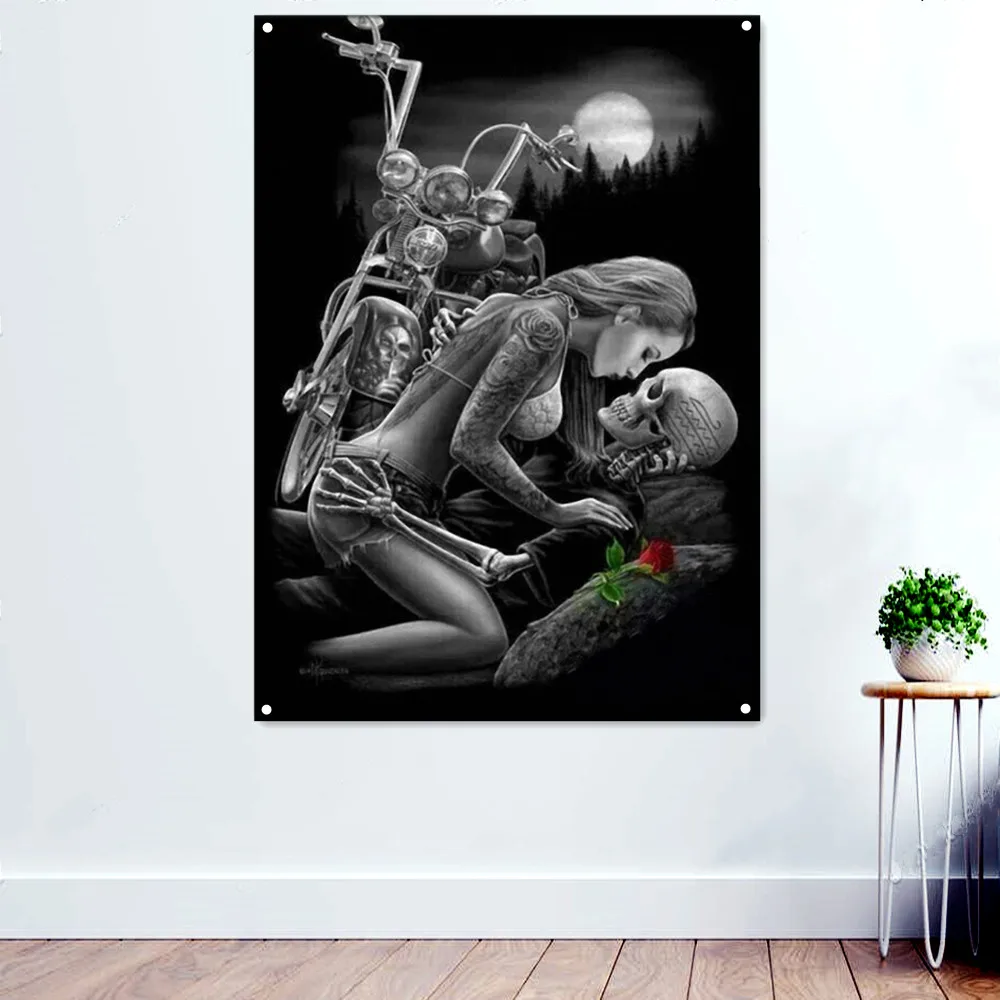 

Ride or Die Skull Motorcycle Rider Wall Art Tapestry Decor Banners Flag Posters Pub Club Man Cave Bar Garage Wall Decor Painting