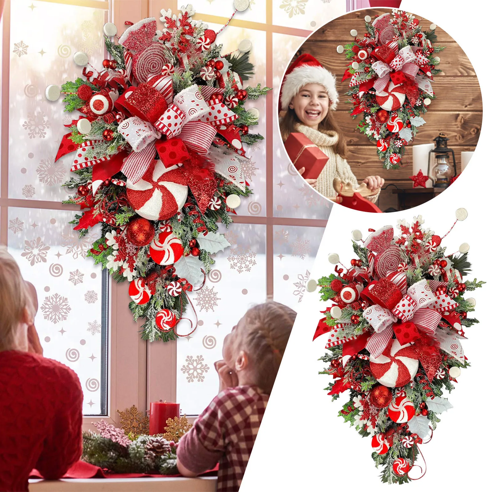 

2022 Candy Cane Wreath Christmas Decoration Artificial Pinees Cones Red Berries Wreath Porch Fall Decorations