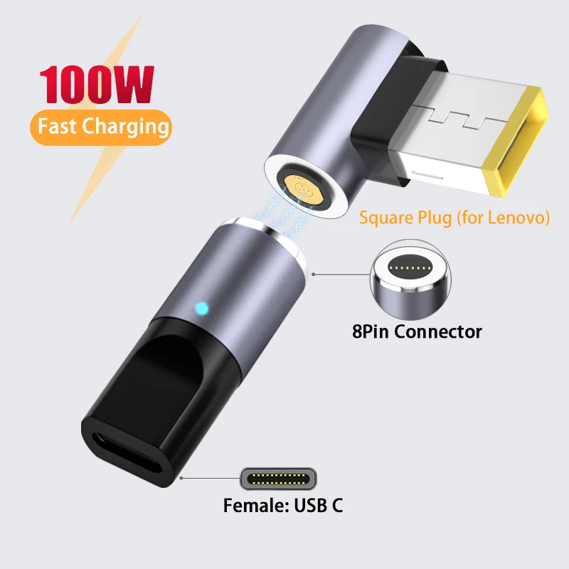 

Магнитный преобразователь с Type C на квадратный штекер 100 Вт, быстрая зарядка, USB C адаптер питания постоянного тока, разъем для Lenovo X1 Carbon E431 E531 ...