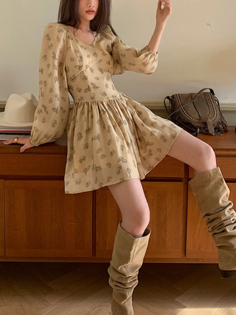 

2023 Spring New Temperament High Waist A-line Dress V-neck Bubble Sleeve Floral Long-sleeved Korean Fashion Casual Mini Dresses