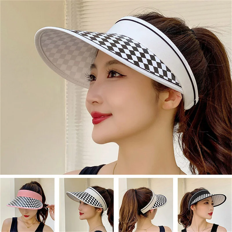 

Women Fashion Checkerboard Empty Top Sun Hat Summer Outdoor UV Protection Wide-brimmed Beach Hat Women's Summer Hat