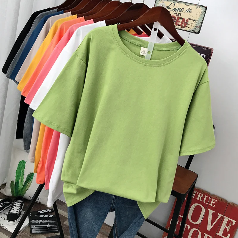 Женская футболка с коротким рукавом зеленая свободная из чистого хлопка Экстра