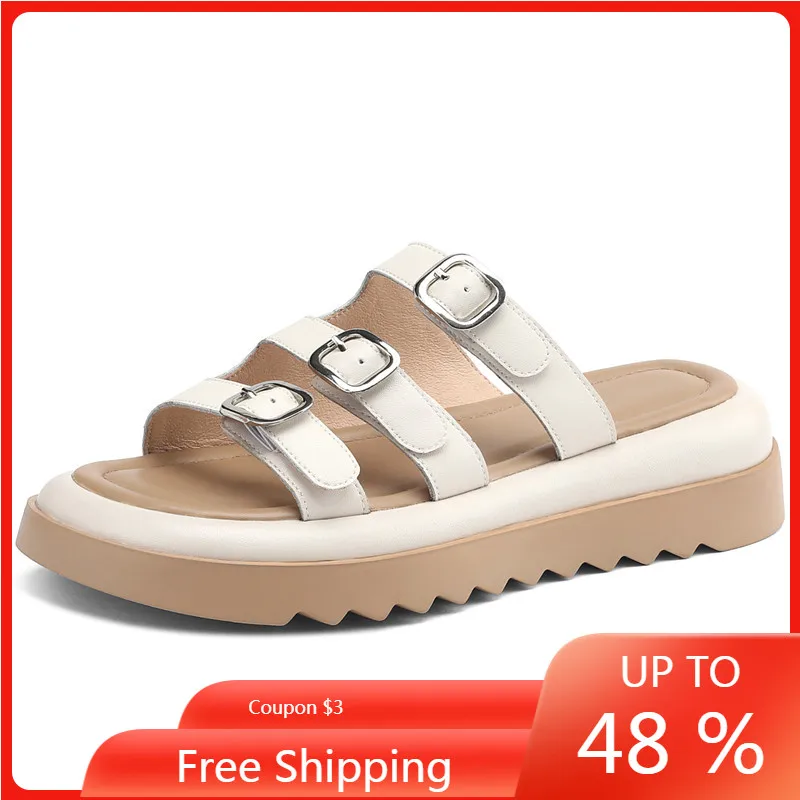 

【ENMAYER】Shoes WOMEN New Genuine Leather Flat Shoes Women 2023 Ladies Summer Modern Shoes Buckle Casual Platform Slippers