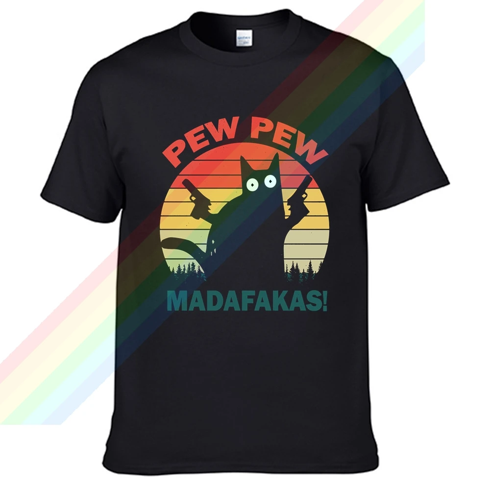 

Pew Pew Funny Cat Holds Two Guns T Shirt For Men Limitied Edition Unisex Brand T-shirt Cotton Amazing Short Sleeve Tops