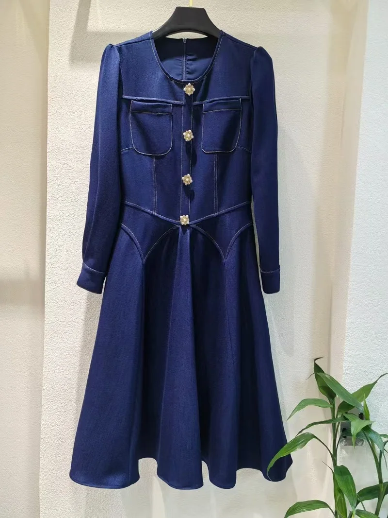 Джинсовое платье высокого качества 2024 весенняя мода женское повседневное синее